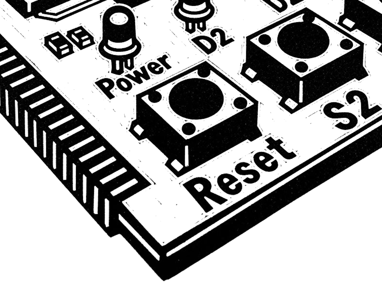 COR24 dev board detail showing S2, D2, Reset, and Power
